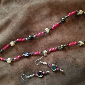 Handmade necklace & earring set-reds
